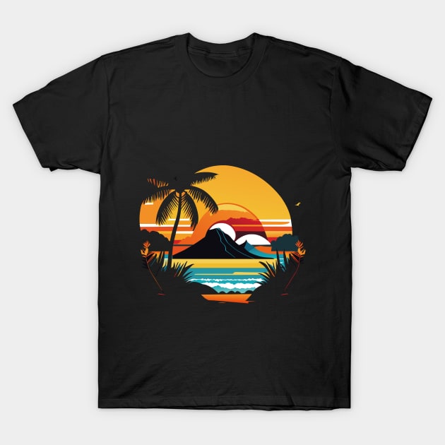 Majestic Coastal Sunset: Palm Trees, Mountains, and the Beach T-Shirt by linann945